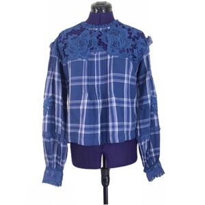 Free People Blue Plaid Floral Lace Long Sleeve Top